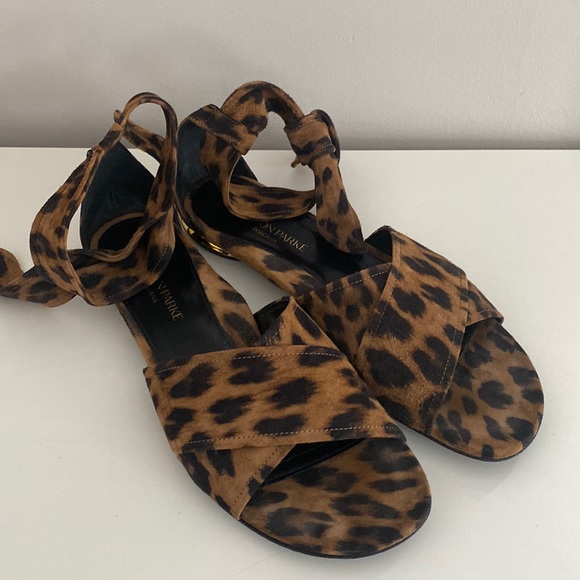 Marion Parke Italian Suede Ankle tie sandal in leopard. Size 10 - Picture 2 of 7